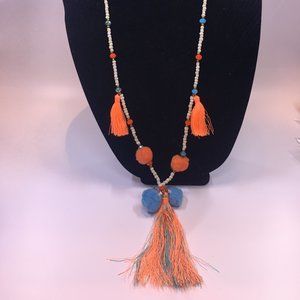 Coral & Turquoise Beaded Boho Tassel Necklace